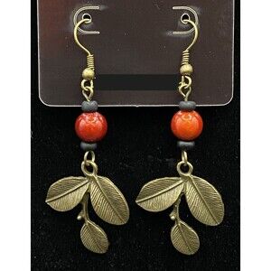Handmade Bronze Tone Leaf Orange & Black Glass Bead Earrings by Neanie-Bot
